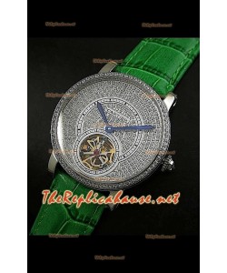 Cartier Calibre Tourbillon Montre avec Cadran de Diamants Bracelet Vert