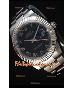 Réplique de montre Rolex Datejust Japanese - Cadran noir à index romains en 41MM avec bracelet huitre