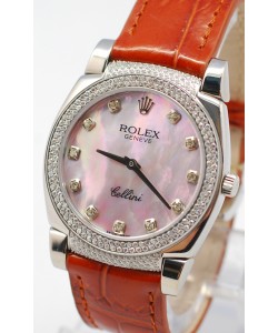 Rolex Cellini Cestello Femmes Swiss Montre Cornes, Lunette et Heure de Diamants, Bracelet de Cuir Face Nacrée Rose